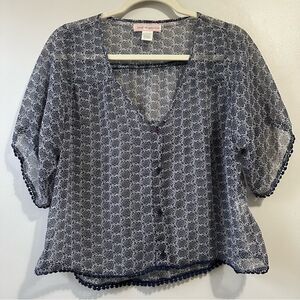 Band of Gypsies Boho Blue Floral Short Sleeve Pom Pom Sheer Button Up Blouse S